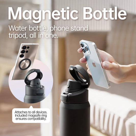 Magnetic Thermos Stainless Steel Sports Water Bottle with Magnetic Phone Holder Bouncing Cover Insulation Cup