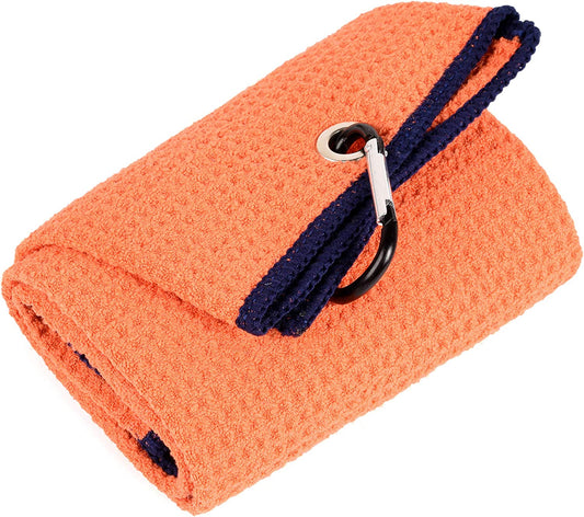 Tri-Fold Towel | Premium Microfiber Fabric | Waffle Pattern | Carabiner Clip | Men'S and Women'S Orange Golf Towel